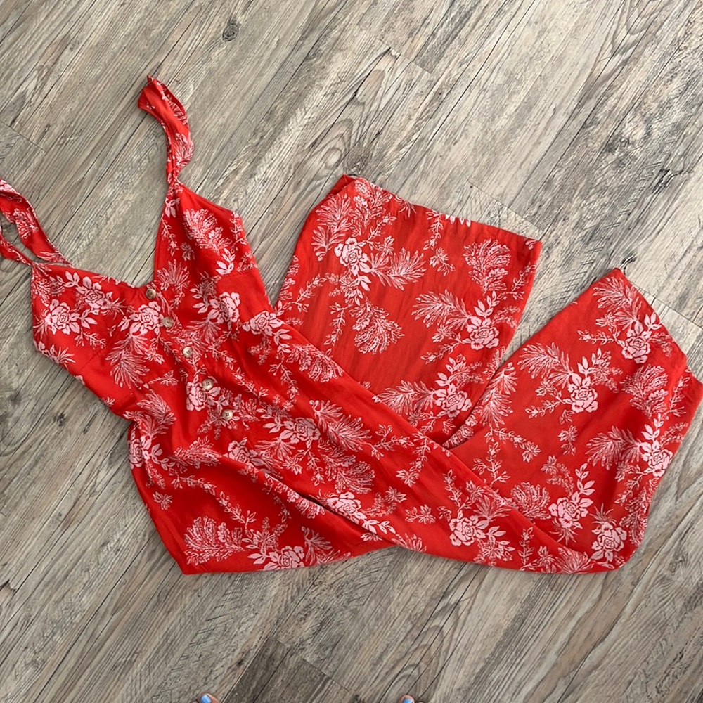 Free People "Red Be The One" Floral Wide Leg, V-Neck Jumpsuit